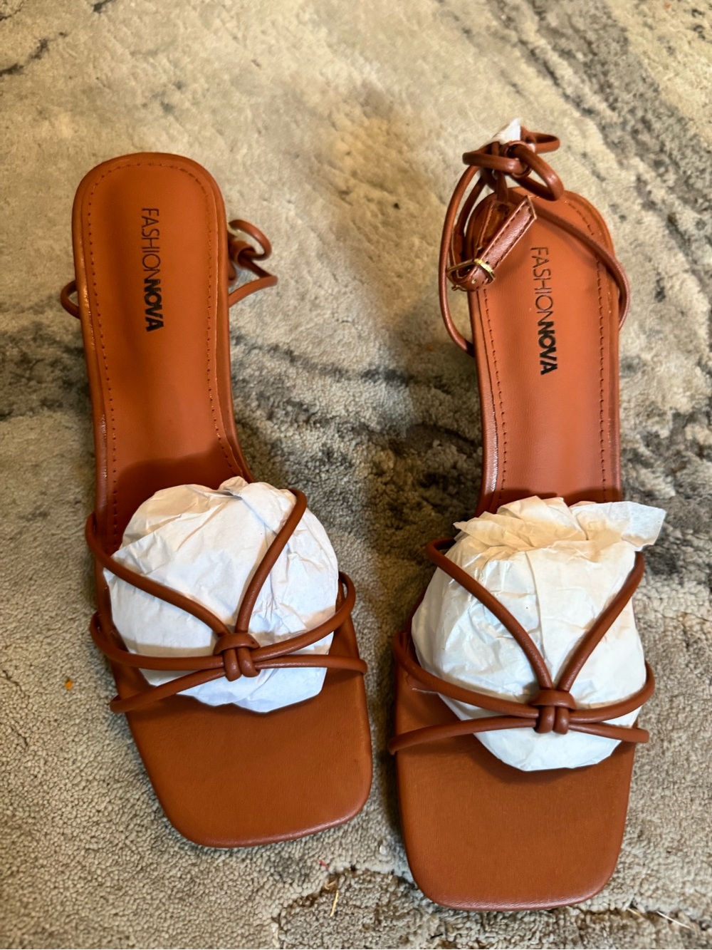 Fashion Nova Cognac Knot-Strap Square-Toe Sandals
